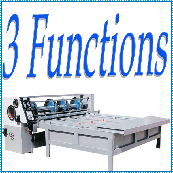 Corrugated cardboard slitting and creasing machine with angle cutter.