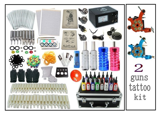 Tattoo Kit 2 Gun 10 Wrap Coil LCD Power Supply 7Color Ink 