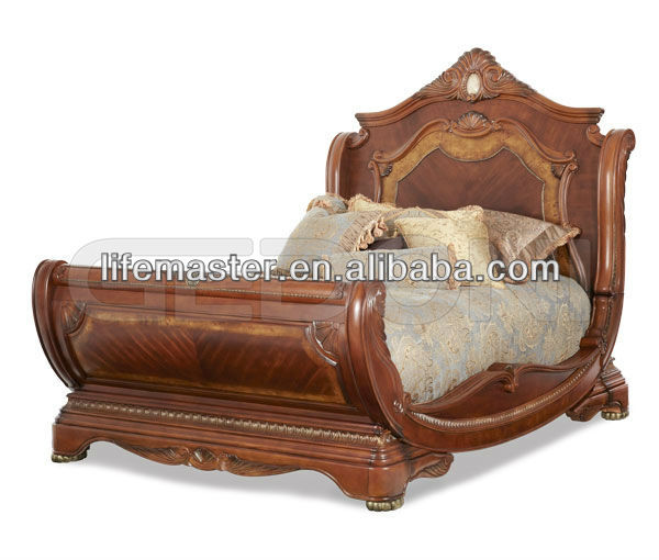 Американский стиль король размер саней позолоченная деревянная кровать 518W-12