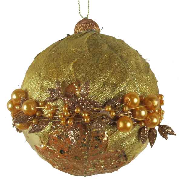 Золотой елочный шар с жемчугом цепочки из бисера 