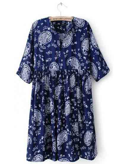 Blue Half Sleeve Tight High Waist Pleated Dress