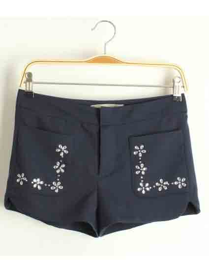 Dark Blue Double Pockets Diamante Short Pants