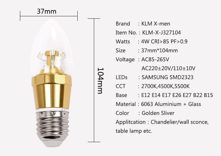 220V GLASS E27  Base 4W SMD High Lumen C37 LED Candle Bulb