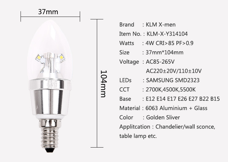 360 degree dimmable  4w E14 bulb led candle light buld 