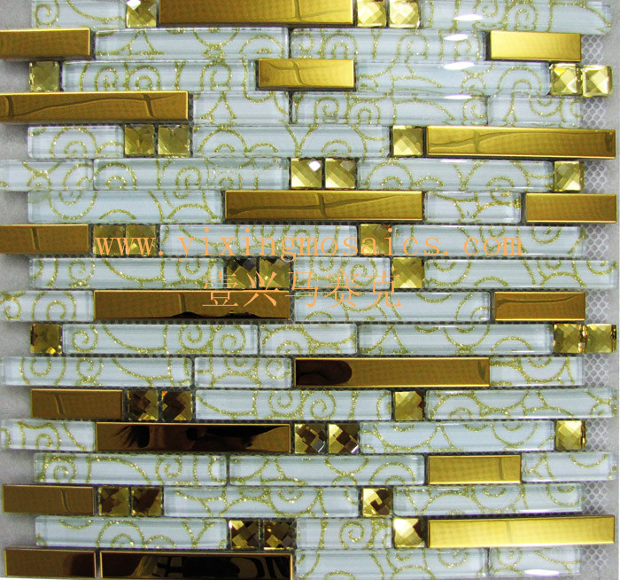 золотые и белые плитки полоса стеклянная мозаика смешивать металл мозаики для декорирования стен, GM-126