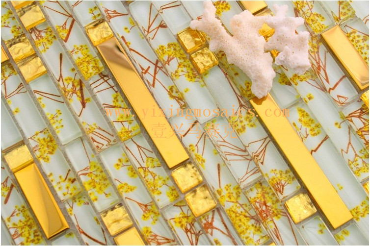 золотисто-желтые и белые плитки полоса стеклянная мозаика смешивать металл мозаики для декорирования стен, GM-127