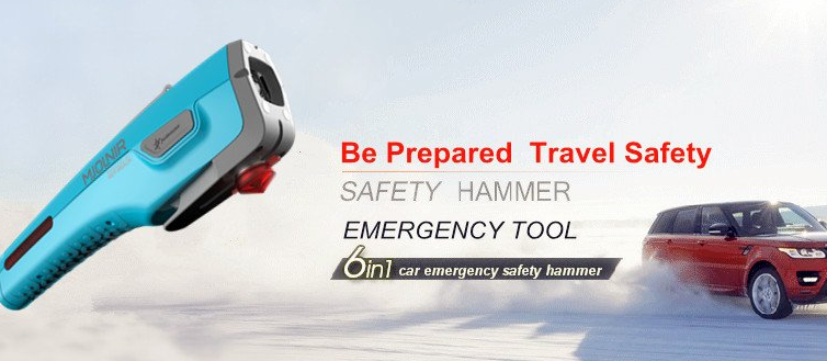 multifunctional car emergency safety hammer with belt cutter, LED light, warning light, charger, magnets, power generator