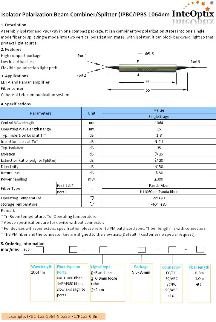 Isolator Polarization Beam Combiner/Splitter (IPBC/IPBS 1064nm)