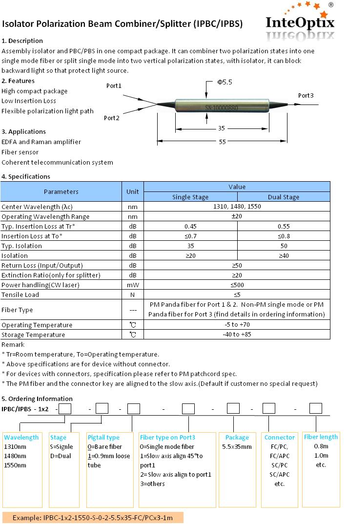 Isolator Polarization Beam Combiner/Splitter (IPBC/IPBS 1315nm)