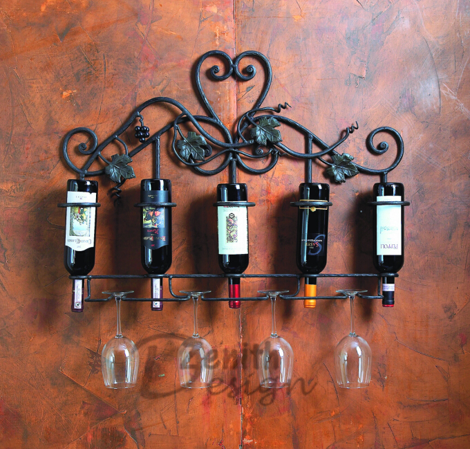 Home Decoration Wall Wine Rack Vineyard 5 Bottle Red Wine Holder with Hanging Cups Design