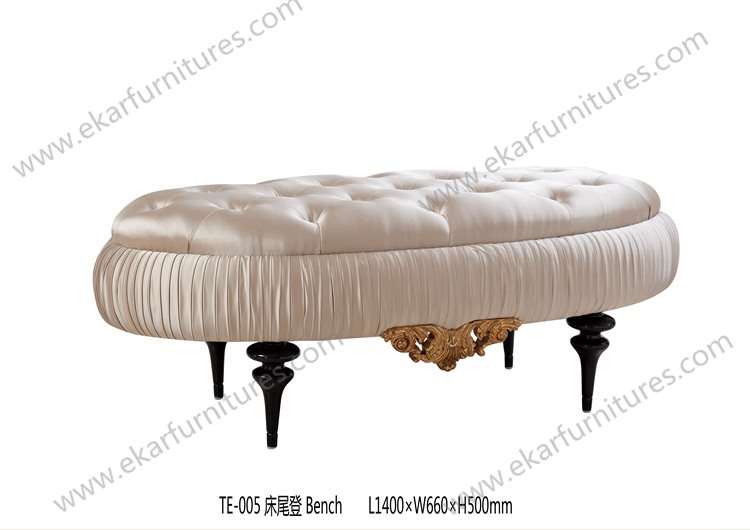 Bed stool antique bed bench upholstery cushion carved leg in beigge color TE-005