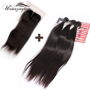 Indian virgin hair 3 bundles Silk Straight with 3.5*4 Free part lace top closure