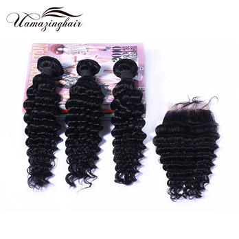 Indian virgin hair 3 bundles Deep Wave with 3.5*4 Free part lace top closure