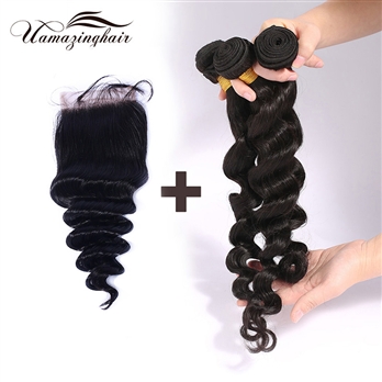 Indian virgin hair 3 bundles Loose Wave with 3.5*4 Free part lace top closure