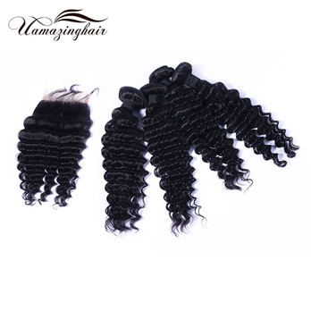 Indian virgin hair 4 bundles Deep Wave with 3.5*4 Free part lace top closure