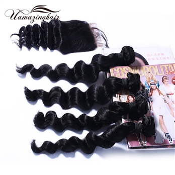 Indian virgin hair 4 bundles Loose Wave with 3.5*4 Free part lace top closure