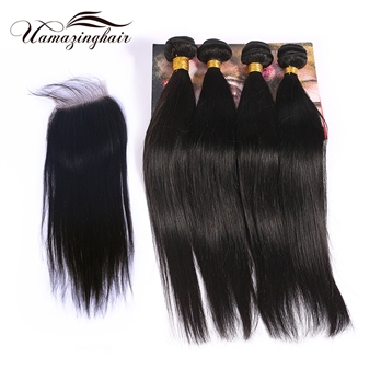 Indian virgin hair 4 bundles Silk Straight with 3.5*4 Free part lace top closure