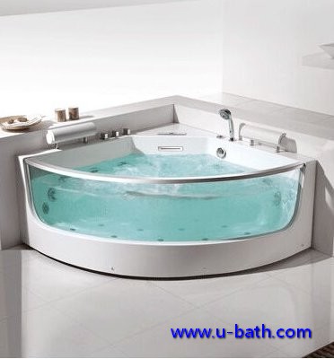 UB041 tempered glass corner massage bathtub for 2 persons