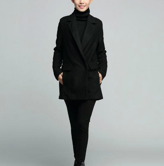 Осень высококлассные женская мода свободно сплошной цвет костюм воротник шерстяное пальто