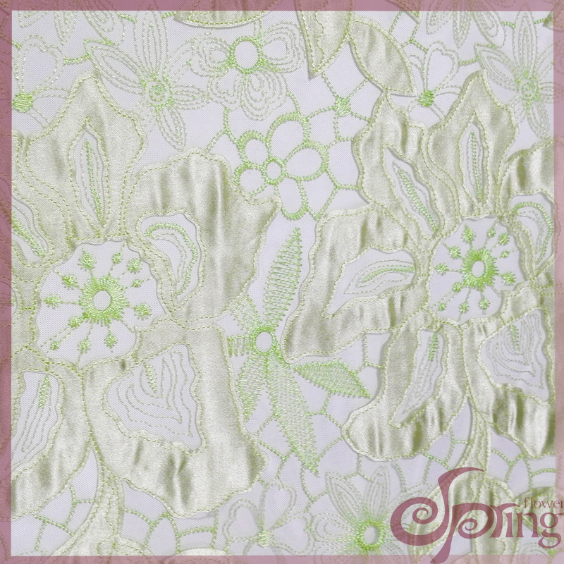 [F22102T] Light green floral applique jacquard embroidery netting lace fabric