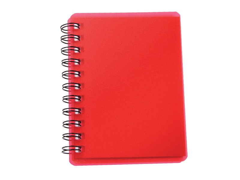 Red spiral pocket notebook with sticky notes