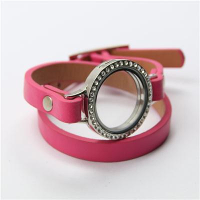 Pink Genuine Leather Wrap Bracelet With Alloy Floating Locket