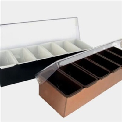 BC013 Acrylic + Stainless Steel Bar Caddy 6pcs Condiment Tray Fruit Holder Storage Containers