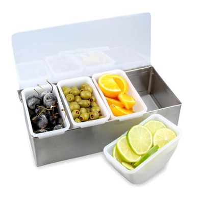 BC011 Acrylic + Stainless Steel Bar Caddy 4pcs Condiment Tray Fruit Holder Storage Containers