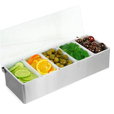 BC010 Acrylic + Stainless Steel Bar Caddy 5pcs Condiment Tray Fruit Holder Storage Containers