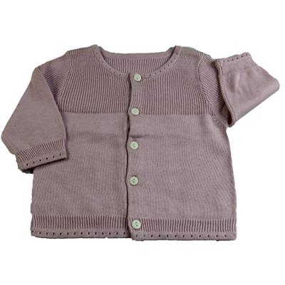 100% cotton factory made infant's crewneck rib cardigan sweater in purl stitch