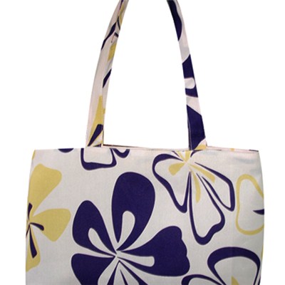 Colorful Purple Yellow Flowers Printed Shopping Bag