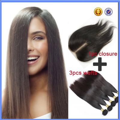 Free Shipping Wholesale Straight 100% Brazilian Virgin Hair Lace Closure And Weft Hair Extension(4x4 12 Closure+3pcs 16 Wefts)