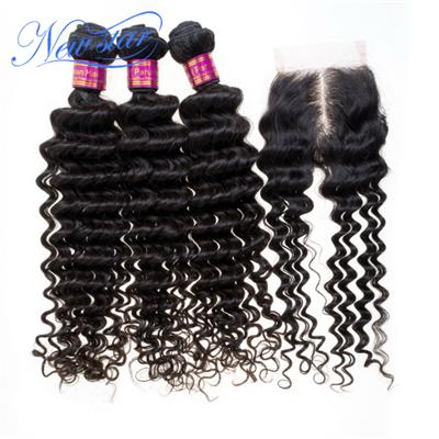 New Star Hair Products Three Peruvian Virgin Hair Deep Wave Curl Bundles With One Middle Part Lace Closure Natural Color Dyeable