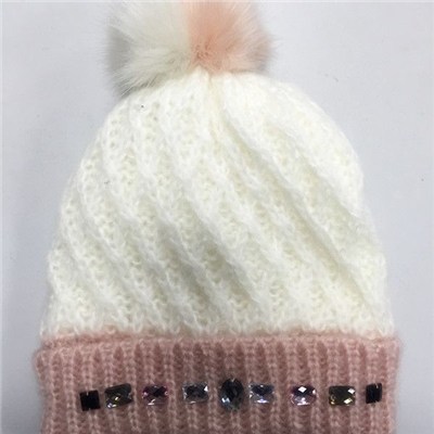 Quality Acrylic contrast color jacquard knitted kid flanging hat with faux fur pom and embroidered sequins