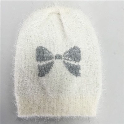 Quality  contrast color bow jacquard ​ knitted kid beanie hat