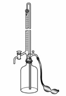 Automatic Burette With Blue Line On Milk White Back With Ground-in Glass Stopper And Pressure Bulb