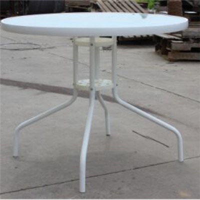 White Round Dining Table With Steel Frame And Tempered Glass