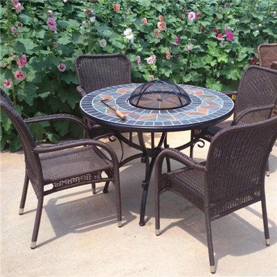 Round Fire Pit BBQ Table Set With Slate Top Bowl Cover Mosaic Table With Four Rattan Arm Chair