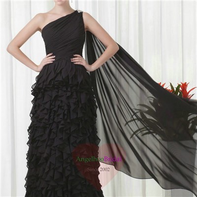 Ruffled Black Chiffon Evening Dresses ED1602