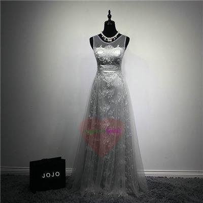 Floor Length Grey Lace Bridesmaid Dresses BM1501