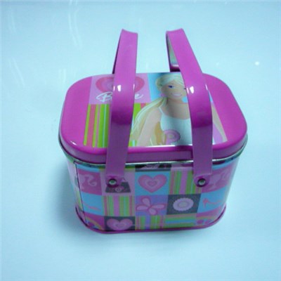 Portable Lunch Metal Tin Box With Two Handles Pink