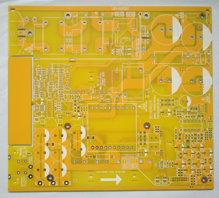 Yellow double side Printed Circuits Board (PCB) with 2 OZ copper 25um Copper thickness in vias for Power Solution