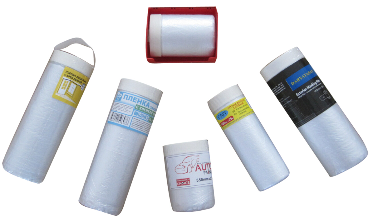 Multi-function pre-taped protective masking film for auto painting and building masking 
