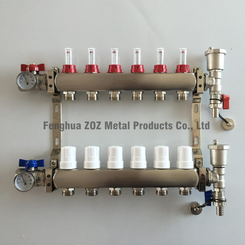 6 Branch Stainless Steel Manifold Set for Radiant Heating.