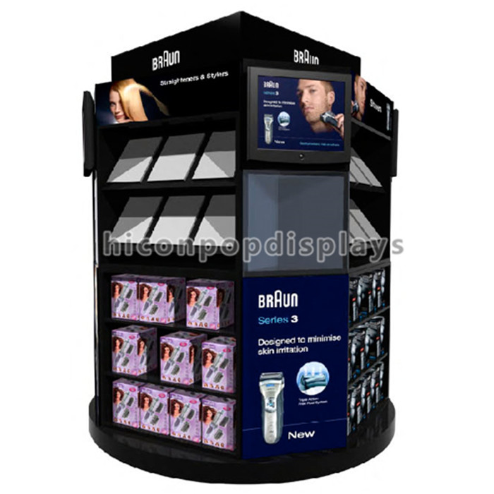 Black round shape hair and barber products shopping mall wood display kiosk