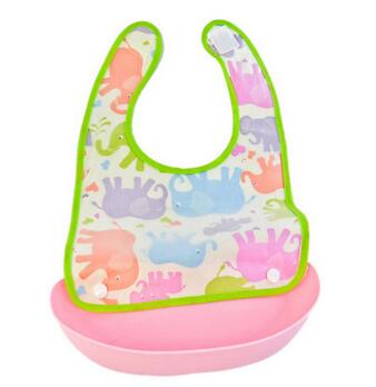  Lovably baby elephant, Waterproof PVC coating, cotton back baby bibs with silicone Food and Crumb Catcher