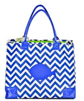 High Fashion Print Large Insulated Water Resistant Lunch Bag Cooler Tote (Blue with White Chevrons) 