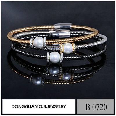 B720 Brass Material Two Tone Plated Diamond Cluster Bangle With Pearl