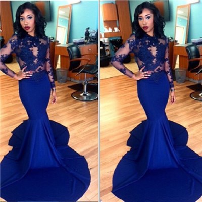 Royal Blue Mermaid Prom Dresses 2016 Long Sleeves Lace Sexy Evening Gowns