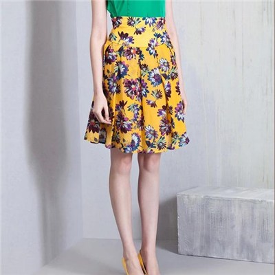 Bright Colour High Waist With Big Waistband Floral Print Pleat Skirt